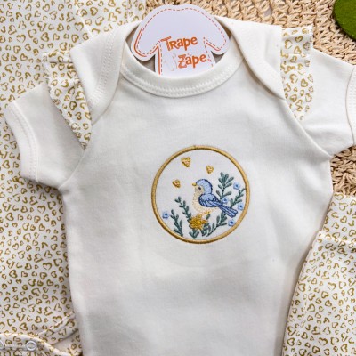 Conj. de Malha 3 peças- Passarinho Azul - Off White e Dourado